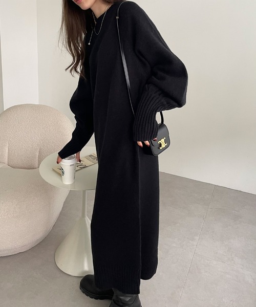 ⭐️最終セール⭐️ビアズリー 袖ジャガードワンピースニット ボリューム袖 セール】ボリューム袖サムホールニットロングワンピース（ワンピース