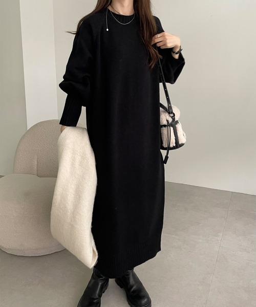 美品 Y's for living ロングワンピース 黒 サイズF*ED1139 セール】ボリューム袖サムホールニットロングワンピース（ワンピース