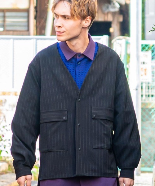 masterkey(マスターキー)の「mj9674-PINSTOLS シャツジャケット(ノーカラージャケット・メンズ・ブラック/グレー・1/2)」の2枚目の写真