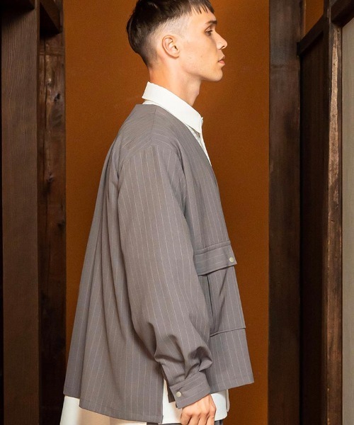 masterkey(マスターキー)の「mj9674-PINSTOLS シャツジャケット(ノーカラージャケット・メンズ・ブラック/グレー・1/2)」の22枚目の写真