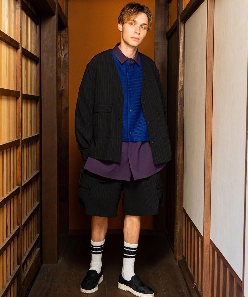 masterkey(マスターキー)の「mj9674-PINSTOLS シャツジャケット(ノーカラージャケット・メンズ・ブラック/グレー・1/2)」の3枚目の写真