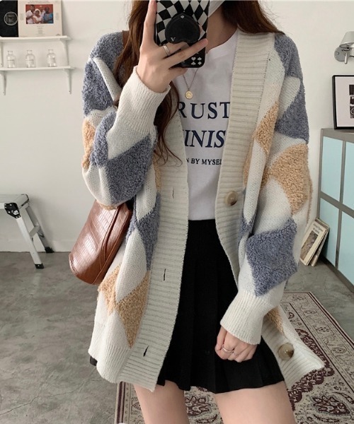 セール】配色アーガイル柄カーディガン（カーディガン/ボレロ）｜LADY