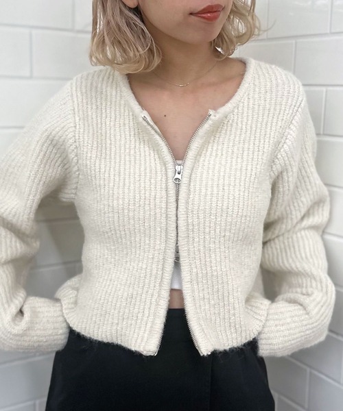 CIAOPANIC（チャオパニック）の「ダブルジップショートローゲージニットカーディガン（ニット/セーター・レディース・グレー/ブルー/ホワイト・FREE）」の8枚目の写真