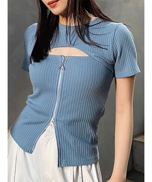 MURUA（ムルーア）の「ダブルジップカットトップス（Tシャツ/カットソー・レディース・ダークグレー/ブルー/ライトグリーン/アイボリー/ブラック・FREE）」の5枚目の写真