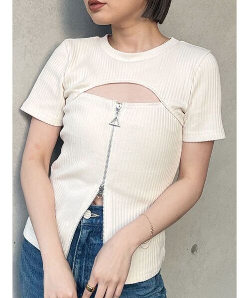 MURUA（ムルーア）の「ダブルジップカットトップス（Tシャツ/カットソー・レディース・ダークグレー/ブルー/ライトグリーン/アイボリー/ブラック・FREE）」の2枚目の写真