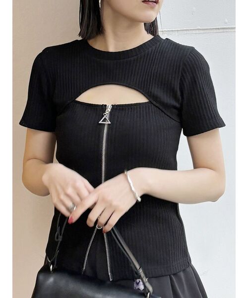 MURUA（ムルーア）の「ダブルジップカットトップス（Tシャツ/カットソー・レディース・ダークグレー/ブルー/ライトグリーン/アイボリー/ブラック・FREE）」の3枚目の写真