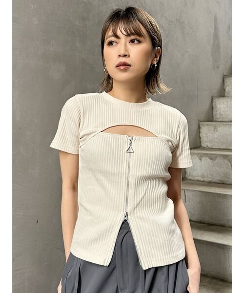 MURUA（ムルーア）の「ダブルジップカットトップス（Tシャツ/カットソー・レディース・ダークグレー/ブルー/ライトグリーン/アイボリー/ブラック・FREE）」の6枚目の写真