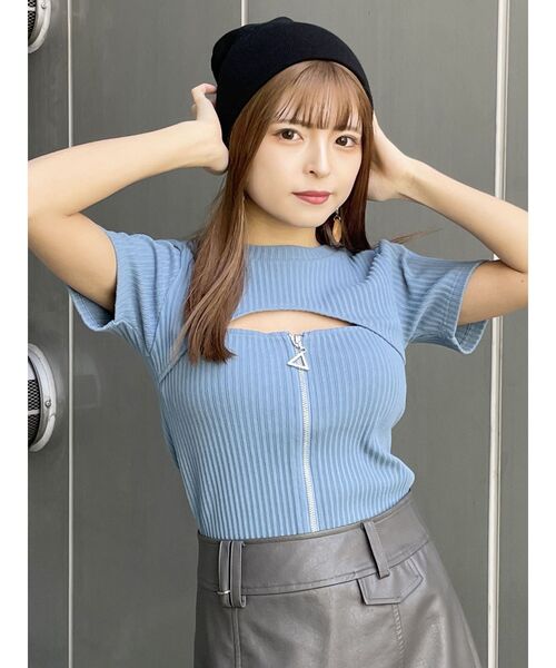 MURUA（ムルーア）の「ダブルジップカットトップス（Tシャツ/カットソー・レディース・ダークグレー/ブルー/ライトグリーン/アイボリー/ブラック・FREE）」の8枚目の写真