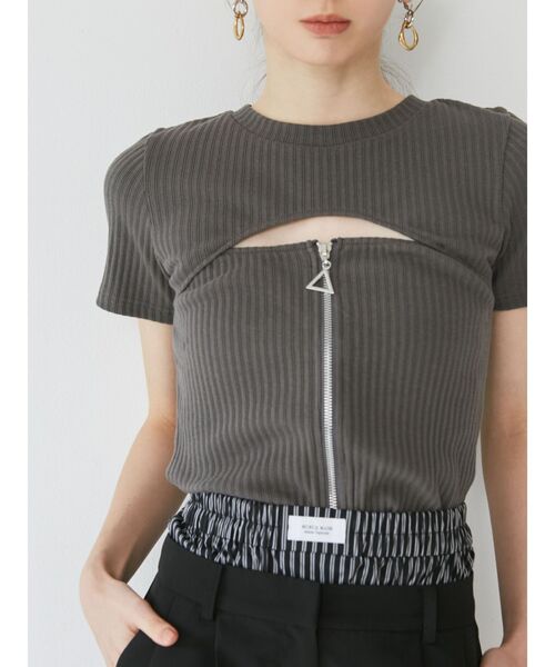 MURUA（ムルーア）の「ダブルジップカットトップス（Tシャツ/カットソー・レディース・ダークグレー/ブルー/ライトグリーン/アイボリー/ブラック・FREE）」の10枚目の写真