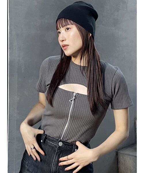 MURUA（ムルーア）の「ダブルジップカットトップス（Tシャツ/カットソー・レディース・ダークグレー/ブルー/ライトグリーン/アイボリー/ブラック・FREE）」の14枚目の写真