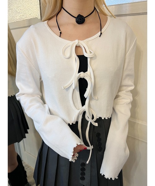 PHILLY（フィリー）の「【PHILLY】フロントリボンリブカーディガン（カーディガン/ボレロ・レディース・グレー/ブラック/ホワイト/ピンク・FREE）」の2枚目の写真