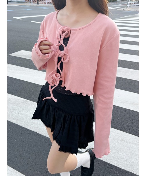 PHILLY（フィリー）の「【PHILLY】フロントリボンリブカーディガン（カーディガン/ボレロ・レディース・グレー/ブラック/ホワイト/ピンク・FREE）」の4枚目の写真