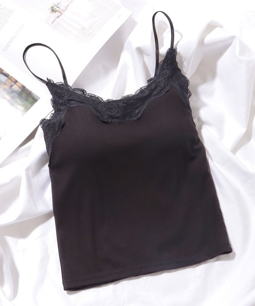 Lace Ladies(レースレディース)の「Vネック リブ レース カップ付き キャミソール(キャミソール・レディース・グレー/アイボリー/ブラック/ホワイト・FREE)」の3枚目の写真