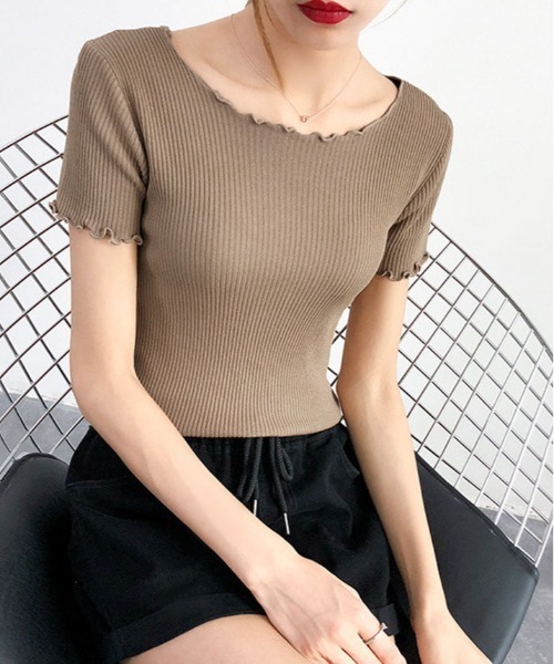 kirakiraShop（キラキラショップ）の「コンパクト リブ メロウ サマー ニット（ニット/セーター・レディース・グリーン/ピンク/ホワイト/アイボリー/ブラック/オレンジ/モカ/ブルー・FREE）」の17枚目の写真