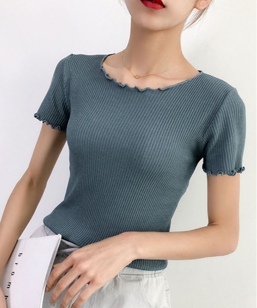 kirakiraShop（キラキラショップ）の「コンパクト リブ メロウ サマー ニット（ニット/セーター・レディース・グリーン/ピンク/ホワイト/アイボリー/ブラック/オレンジ/モカ/ブルー・FREE）」の11枚目の写真