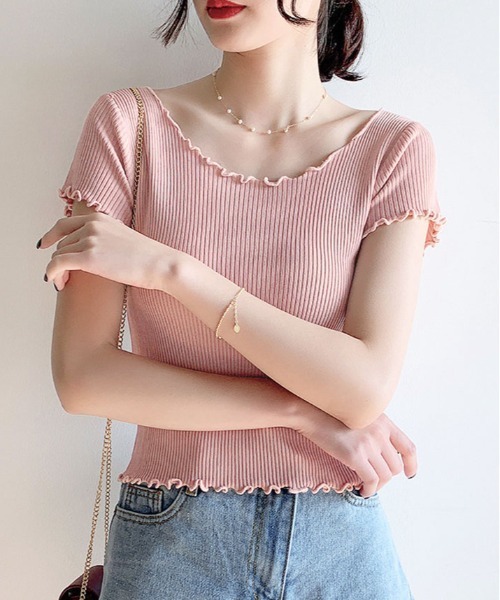 kirakiraShop（キラキラショップ）の「コンパクト リブ メロウ サマー ニット（ニット/セーター・レディース・グリーン/ピンク/ホワイト/アイボリー/ブラック/オレンジ/モカ/ブルー・FREE）」の12枚目の写真