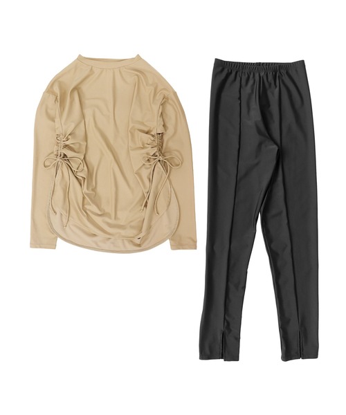 OSYAREVO（オシャレボ）の「水着 レディース 体型カバー ラッシュガード 紫外線カット率 99％以上 UPF50+ uvカット フィットネス 水陸両用 ラッシュレギンス サイドギャザー セットアップ セパレート（ラッシュガード・レディース・ホワイト×ブルー/ホワイト×ブラック/ブラック/ダークベージュ/ベージュ/ブラウン/チェック/ナチュラル/グレイッシュブルー/ハウンドトゥース・MEDIUM/LARGE/X-LARGE）」の16枚目の写真