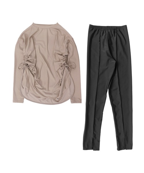 OSYAREVO（オシャレボ）の「水着 レディース 体型カバー ラッシュガード 紫外線カット率 99％以上 UPF50+ uvカット フィットネス 水陸両用 ラッシュレギンス サイドギャザー セットアップ セパレート（ラッシュガード・レディース・ホワイト×ブルー/ホワイト×ブラック/ブラック/ダークベージュ/ベージュ/ブラウン/チェック/ナチュラル/グレイッシュブルー/ハウンドトゥース・MEDIUM/LARGE/X-LARGE）」の22枚目の写真