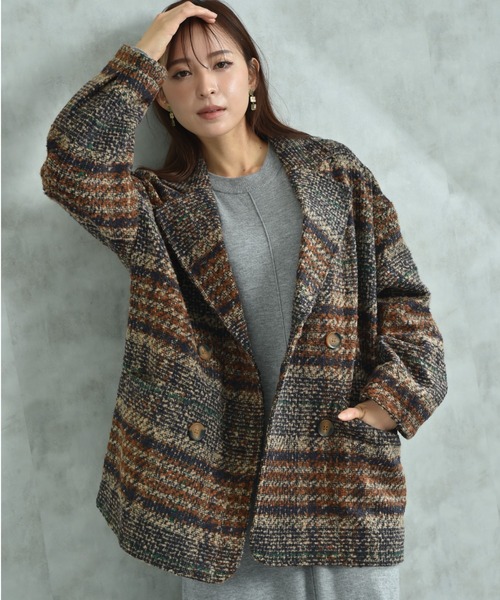 actuel（アクチュエル）の「【ａｃｔｕｅｌ】ブークレチェック柄コート（その他アウター・レディース・ブルー/オレンジ・FREE）」の3枚目の写真