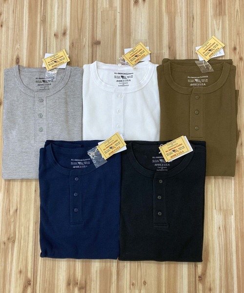 AVIREX（アヴィレックス）の「半袖 サーマル ヘンリーネック Tシャツ デイリーウェア（Tシャツ/カットソー・メンズ・オリーブ/ホワイト/ブラック/ネイビー/杢グレー・L/M/XL/2XL）」の7枚目の写真