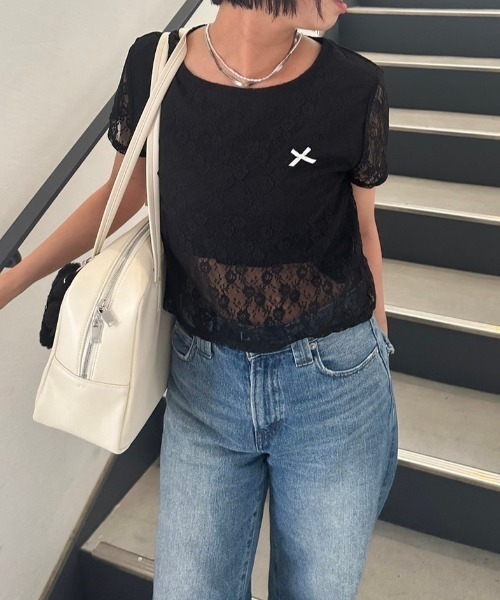 nemne store(ネンネストア)の「リボンレーストップス(Tシャツ/カットソー・レディース・ブラック/オフホワイト/ブルー・フリー)」の1枚目の写真