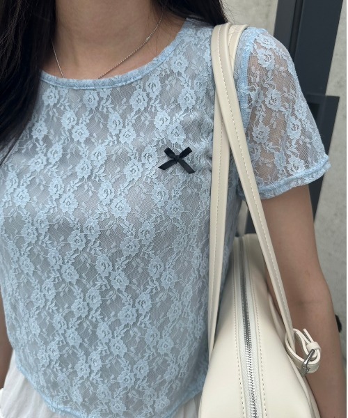 nemne store(ネンネストア)の「リボンレーストップス(Tシャツ/カットソー・レディース・ブラック/オフホワイト/ブルー・フリー)」の7枚目の写真