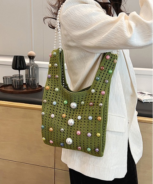 FREE STYLISTS（フリー スタイリスト）の「パール2WAY クロスボディニットハンドトートバッグ 結婚式バッグ コンビニBAG Y2K（ショルダーバッグ・レディース・グリーン/ベージュ/イエロー/ベージュ系その他・FREE）」の15枚目の写真
