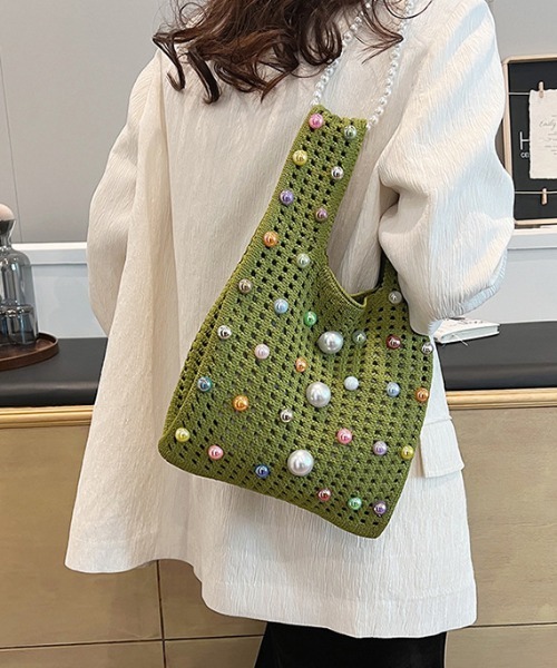 FREE STYLISTS（フリー スタイリスト）の「パール2WAY クロスボディニットハンドトートバッグ 結婚式バッグ コンビニBAG Y2K（ショルダーバッグ・レディース・グリーン/ベージュ/イエロー/ベージュ系その他・FREE）」の8枚目の写真