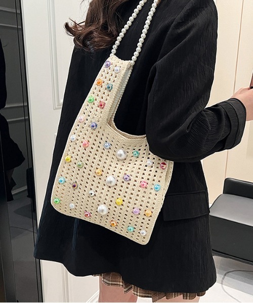 FREE STYLISTS（フリー スタイリスト）の「パール2WAY クロスボディニットハンドトートバッグ 結婚式バッグ コンビニBAG Y2K（ショルダーバッグ・レディース・グリーン/ベージュ/イエロー/ベージュ系その他・FREE）」の12枚目の写真