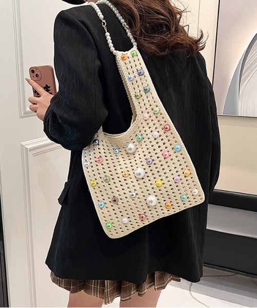 FREE STYLISTS（フリー スタイリスト）の「パール2WAY クロスボディニットハンドトートバッグ 結婚式バッグ コンビニBAG Y2K（ショルダーバッグ・レディース・グリーン/ベージュ/イエロー/ベージュ系その他・FREE）」の14枚目の写真