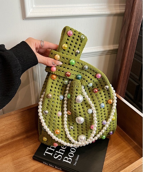 FREE STYLISTS（フリー スタイリスト）の「パール2WAY クロスボディニットハンドトートバッグ 結婚式バッグ コンビニBAG Y2K（ショルダーバッグ・レディース・グリーン/ベージュ/イエロー/ベージュ系その他・FREE）」の22枚目の写真