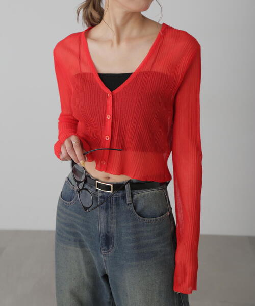 FREE'S MART(フリーズマート)の「◆シアーVネックコンパクトニットカーディガン(カーディガン/ボレロ・レディース・ブラック/レッド/ホワイト・FREE)」の3枚目の写真