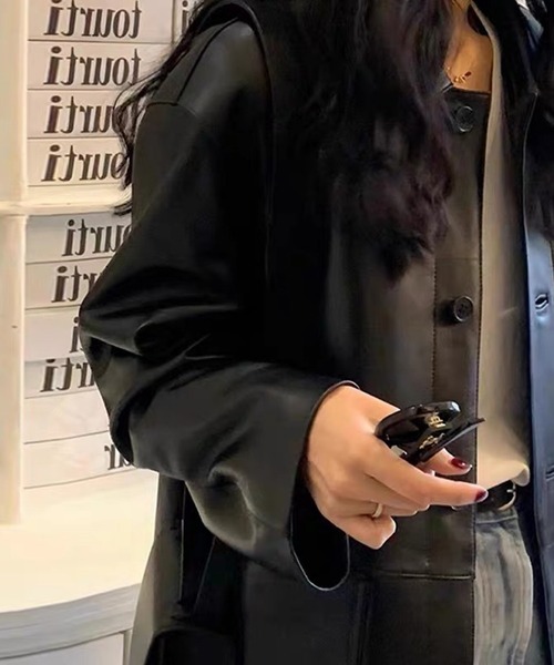 フェイクレザーロングジャケット レディース（ステンカラーコート