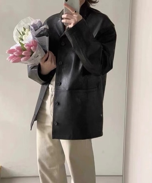 フェイクレザーロングジャケット レディース（ステンカラーコート