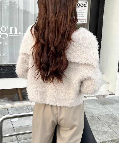 SHEPP（シープ）の「フード付き シャギー ショートカーディガン（カーディガン/ボレロ・レディース・グレー/ブラック/ホワイト・F）」の4枚目の写真
