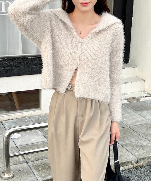 SHEPP（シープ）の「フード付き シャギー ショートカーディガン（カーディガン/ボレロ・レディース・グレー/ブラック/ホワイト・F）」の6枚目の写真