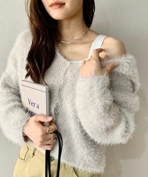 SHEPP（シープ）の「フード付き シャギー ショートカーディガン（カーディガン/ボレロ・レディース・グレー/ブラック/ホワイト・F）」の9枚目の写真