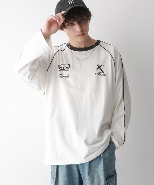 RAGEBLUE（レイジブルー）の「パイピングライン/オーバーサイズゲームロンT（Tシャツ/カットソー・メンズ・ホワイト/ブラック・MEDIUM/LARGE）」の2枚目の写真