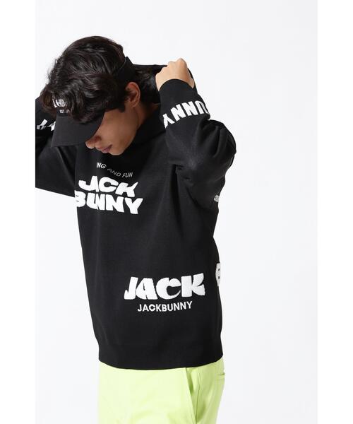 Jack Bunny!! ロゴジャガードニットフーディ ブラック Jack Bunny!!】パイルロゴジャガードニット フーディプルオーバー
