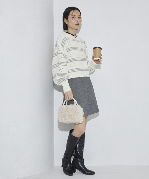 Firsthand（ファーストハンド）の「Firsthand/ファーストハンド フラワーボーダーニット（ニット/セーター・レディース・オフホワイト/チャコールグレー/ブラウン・FREE）」の4枚目の写真