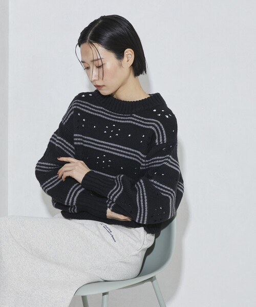 Firsthand（ファーストハンド）の「Firsthand/ファーストハンド フラワーボーダーニット（ニット/セーター・レディース・オフホワイト/チャコールグレー/ブラウン・FREE）」の9枚目の写真