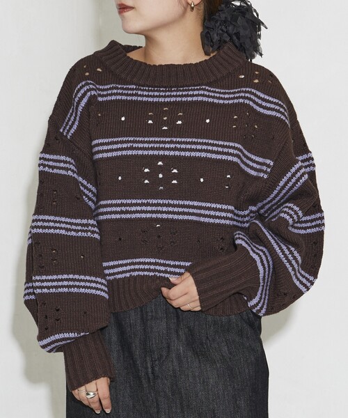 Firsthand（ファーストハンド）の「Firsthand/ファーストハンド フラワーボーダーニット（ニット/セーター・レディース・オフホワイト/チャコールグレー/ブラウン・FREE）」の16枚目の写真