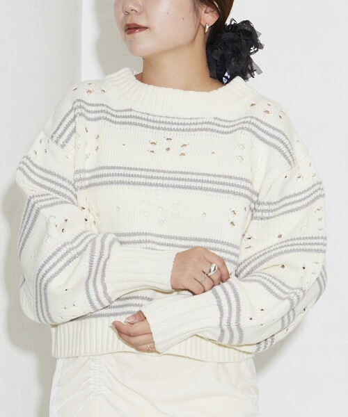 Firsthand（ファーストハンド）の「Firsthand/ファーストハンド フラワーボーダーニット（ニット/セーター・レディース・オフホワイト/チャコールグレー/ブラウン・FREE）」の22枚目の写真