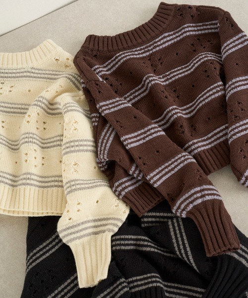 Firsthand（ファーストハンド）の「Firsthand/ファーストハンド フラワーボーダーニット（ニット/セーター・レディース・オフホワイト/チャコールグレー/ブラウン・FREE）」の3枚目の写真