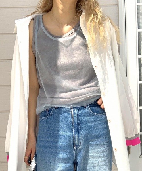 Q（キュー）の「チュール＆リブレイヤードタンク（タンクトップ・レディース・ライトグレー/ブラック・MEDIUM）」の11枚目の写真