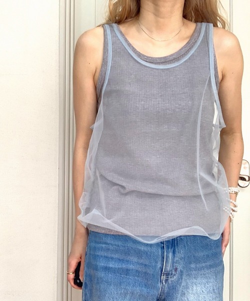 Q（キュー）の「チュール＆リブレイヤードタンク（タンクトップ・レディース・ライトグレー/ブラック・MEDIUM）」の10枚目の写真