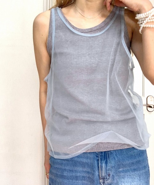 Q（キュー）の「チュール＆リブレイヤードタンク（タンクトップ・レディース・ライトグレー/ブラック・MEDIUM）」の9枚目の写真