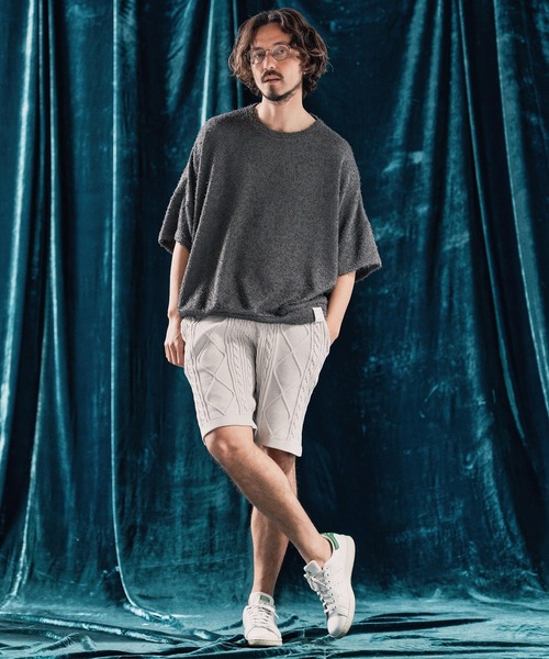 ANGENEHM（アンゲネーム）の「mp13333-Airy yarn cable stitch shorts ニットショートパンツ（その他パンツ・メンズ・ブラック/グレイッシュベージュ/キナリ/サックスブルー系・S/M/L）」の8枚目の写真