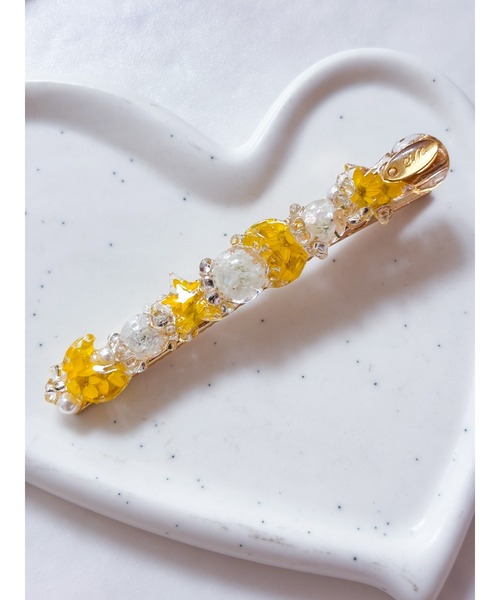 YM】星と月のイエローヘアクリップ レジン×ドライフラワー（MA  