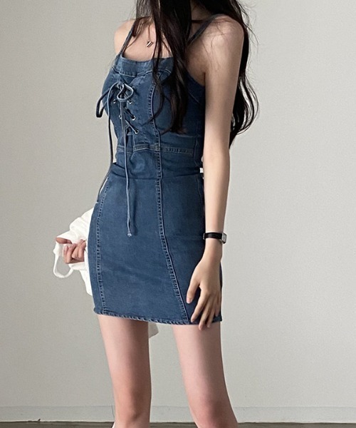 22Versace   ストレッチミニワンピース セール】ストレッチデニムレースアップリボンキャミミニ